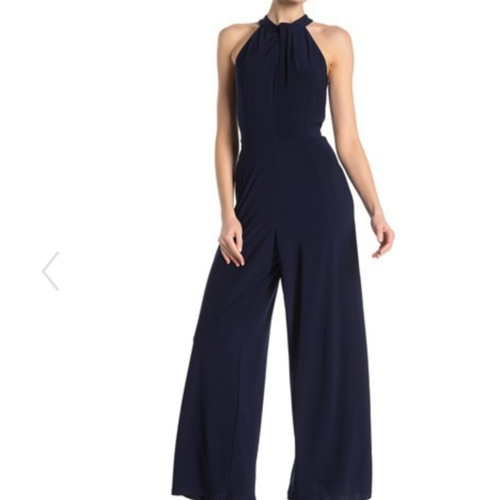 Nina Leonard twist halter navy knit jumpsuit